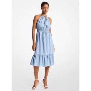 Michael Kors Women's Chambray‎ Halter Dress - Chain Detail, Smocked Waist, XS